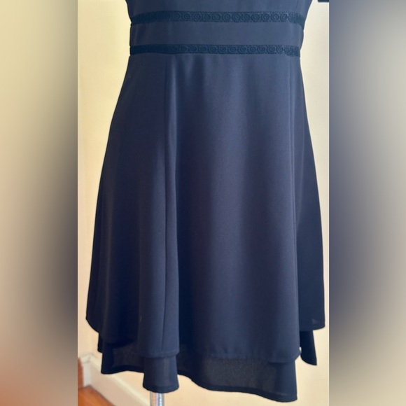 Liz Claiborne Black Midi Dress Square Neck Striped Lace Sleeves & Waist Sz P8 - Picture 4 of 16